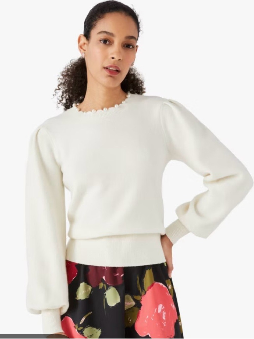 kate spade Ivory Pearl-Trim Crewneck Sweater